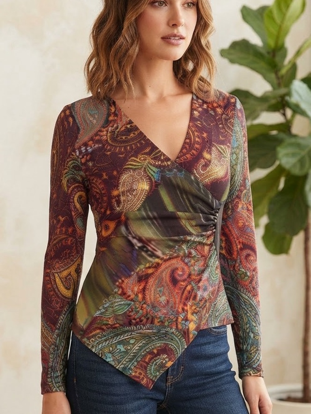 Boho Chic Paisley Faux Wrap Tunic Top M Multicolor Long Sleeve Made in USA